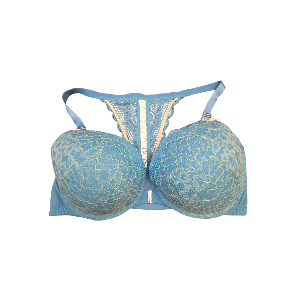Cacique Boost Plunge Bra Teal Yellow Floral Lace 42DD Racerback Front Closure